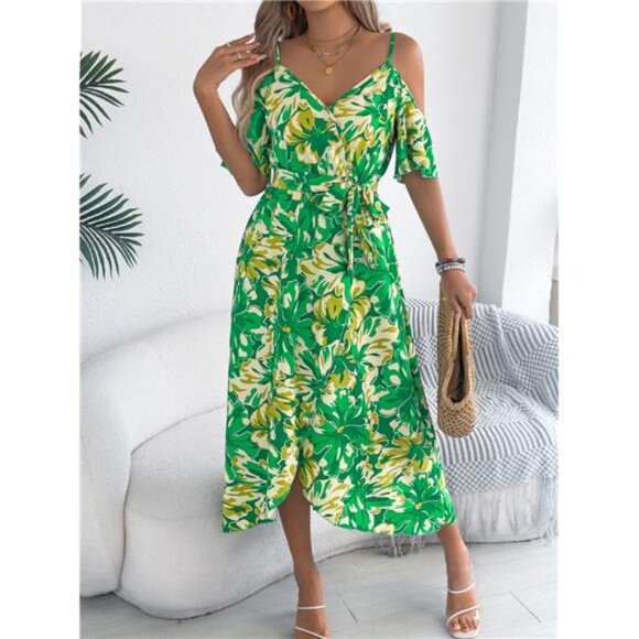 Printed Cold Shoulder Midi Cami Dress - Picture 13 of 15